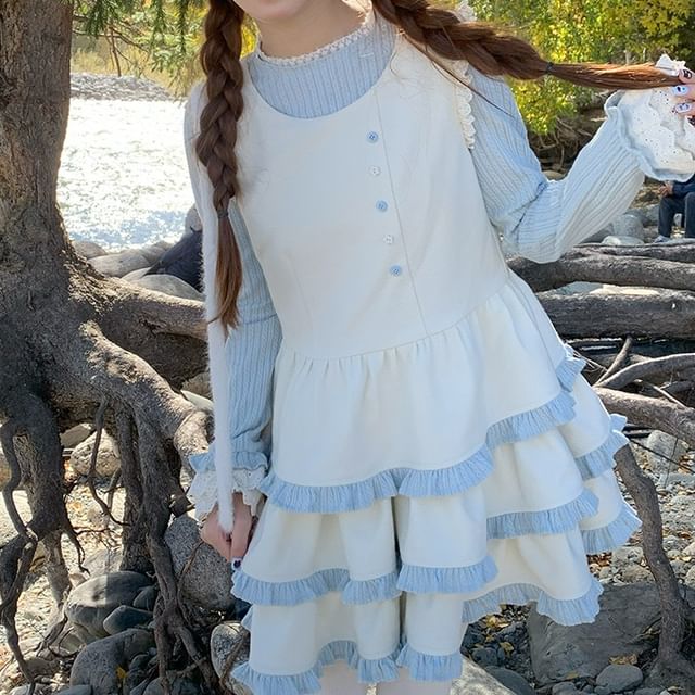 Striped Long-Sleeve Top and Sleeveless Tiered Mini Dress