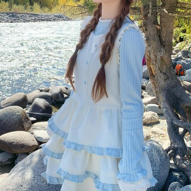 Striped Long-Sleeve Top and Sleeveless Tiered Mini Dress