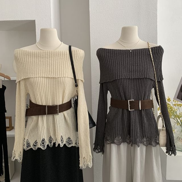 Off-Shoulder Ribbed Distressed Sweater Set with Belt and Plain Design