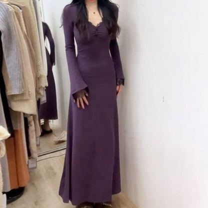 Long-Sleeve V-Neck Plain Lace Trim Maxi A-Line Dress