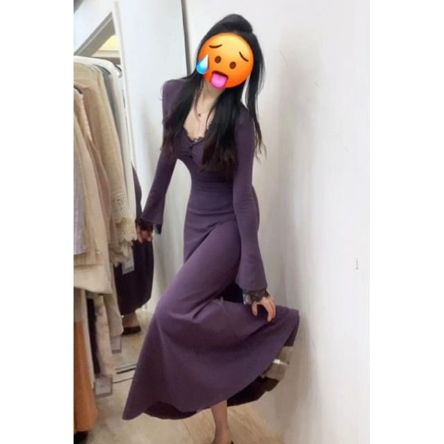 Long-Sleeve V-Neck Plain Lace Trim Maxi A-Line Dress