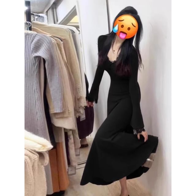 Long-Sleeve V-Neck Plain Lace Trim Maxi A-Line Dress
