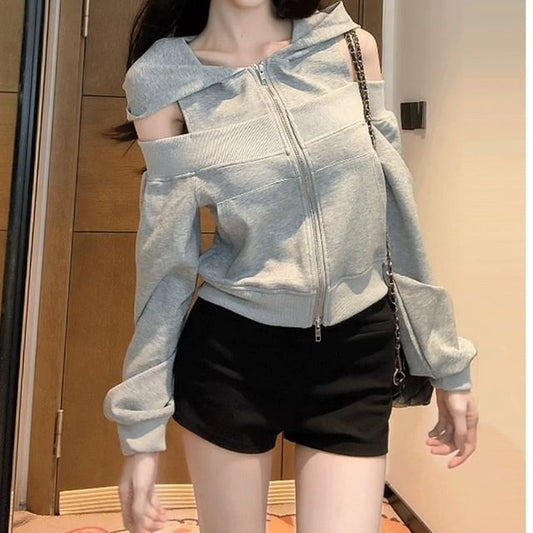 Cold-Shoulder Paneled Zip Hooded Sweatshirt