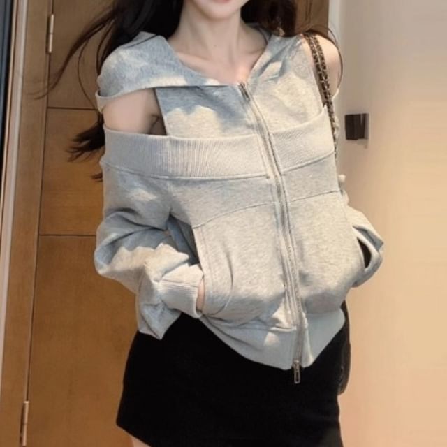 Cold-Shoulder Paneled Zip Hooded Sweatshirt
