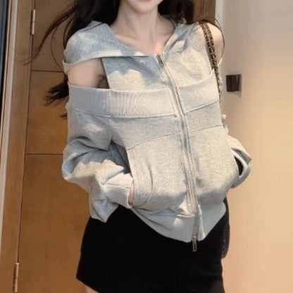 Cold-Shoulder Paneled Zip Hooded Sweatshirt