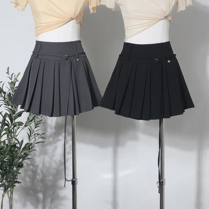 High Rise Belted Mini Pleated Skirt
