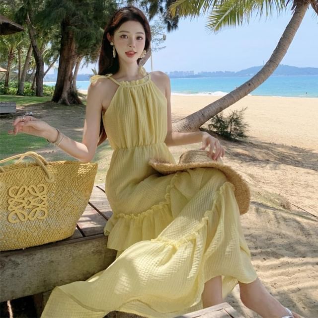 Sleeveless Ruffle Plain Maxi A-Line Dress