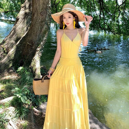 Halter Neck Open Back Plain Maxi A-Line Dress