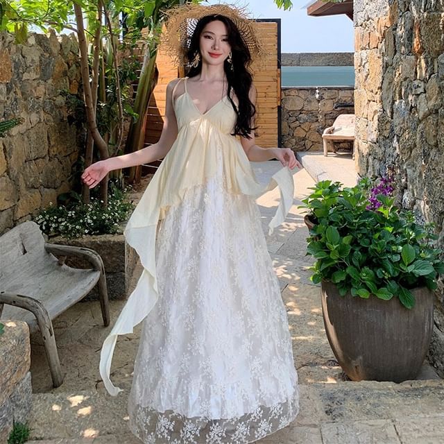 Sleeveless V-Neck Lace Maxi A-Line Dress