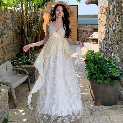 Sleeveless V-Neck Lace Maxi A-Line Dress