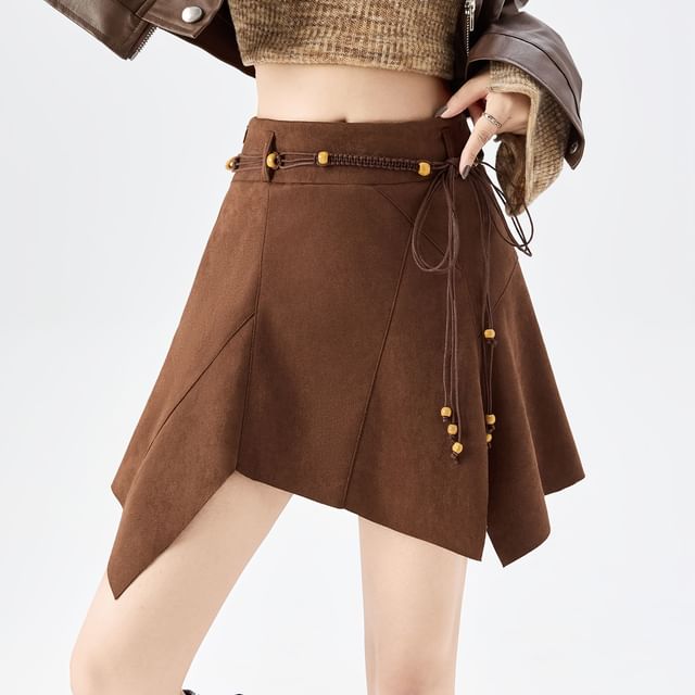 Solid Asymmetrical Faux Suede Mini A-Line Skirt High Waist
