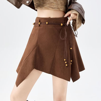 Solid Asymmetrical Faux Suede Mini A-Line Skirt High Waist