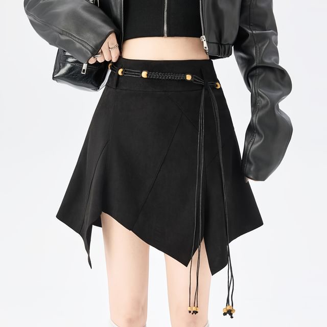 Solid Asymmetrical Faux Suede Mini A-Line Skirt High Waist