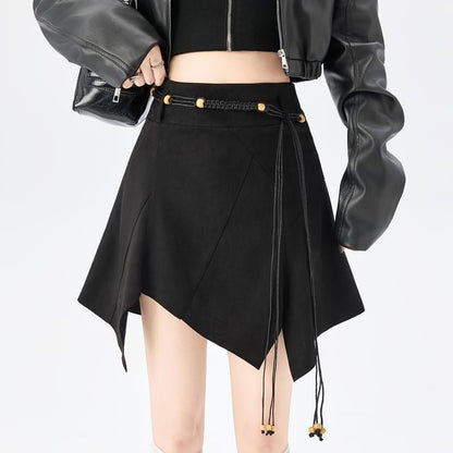 Solid Asymmetrical Faux Suede Mini A-Line Skirt High Waist