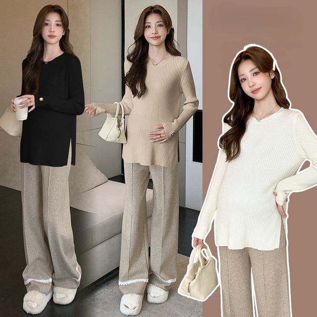 Maternity Knit Top and Pants Set with Ribbed Slit, Long Sleeves, and High-Waist Lace Trim