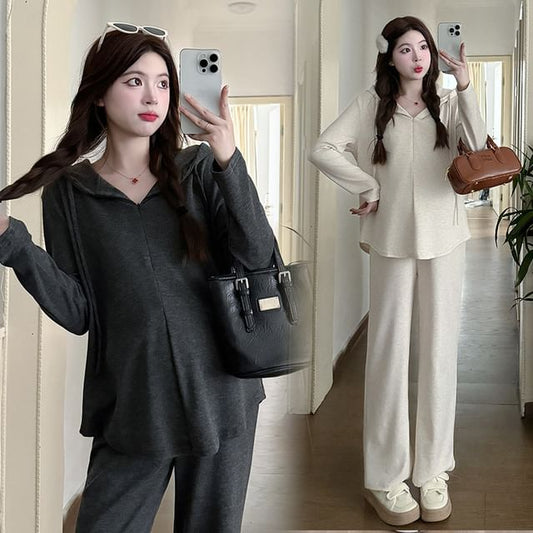 Maternity Hoodie and Pants Set with Half-Zip Drawstring and High-Waist Loose Fit