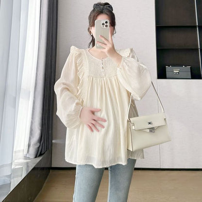 Maternity Crew-Neck Blouse with Ruffled Trim and Long Sleeves