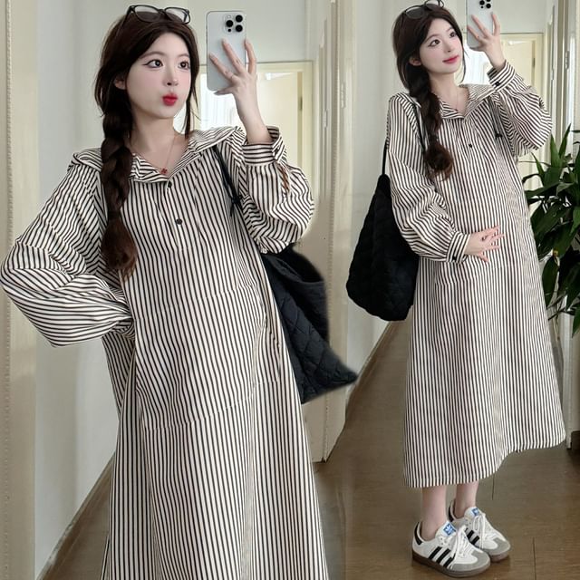 Maternity Hooded Midi Tunic Dress with Long Sleeves and Striped Pattern