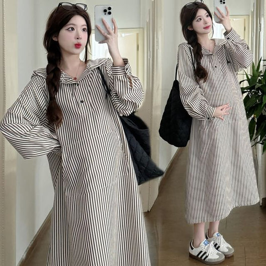 Maternity Hooded Midi Tunic Dress with Long Sleeves and Striped Pattern