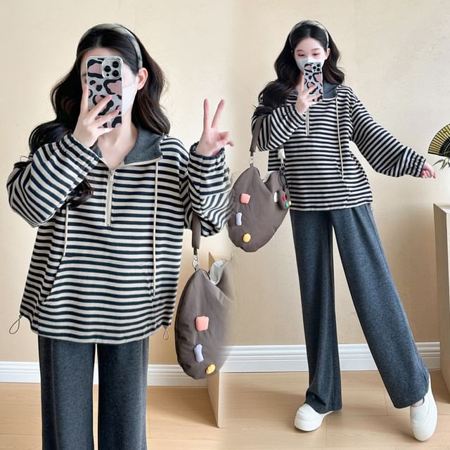 Maternity Half-Zip Hoodie and Pants Set with Striped and High-Waist Loose Fit