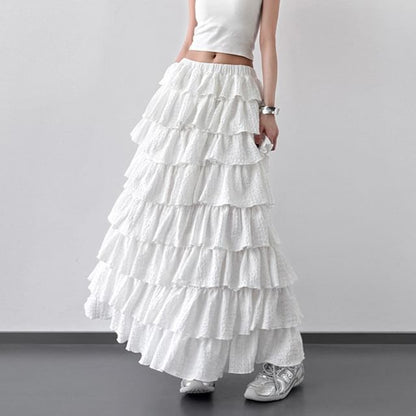 Solid Tiered Maxi A-Line Skirt Elastic Waist