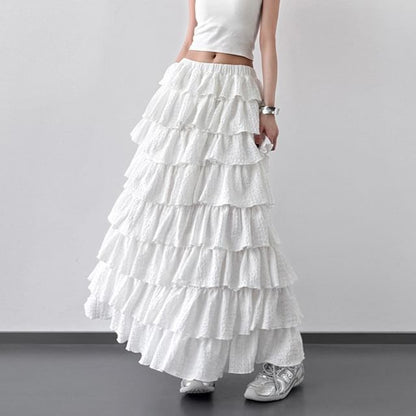 Solid Tiered Maxi A-Line Skirt Elastic Waist