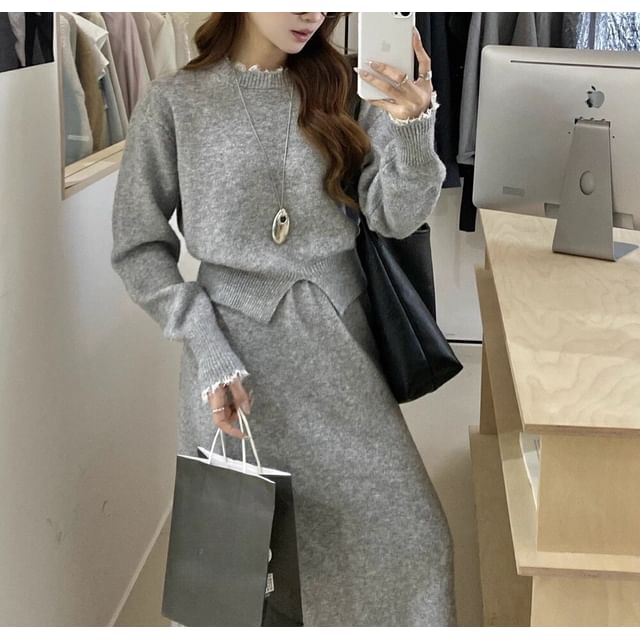 Set: Round Neck Ruffle Trim Slit Sweater & Maxi A-Line Skirt
