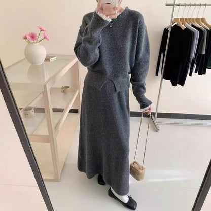 Set: Round Neck Ruffle Trim Slit Sweater & Maxi A-Line Skirt