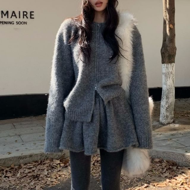 Set: Round Neck Zip Cardigan & High Waist Mini A-Line Skirt