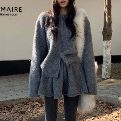 Set: Round Neck Zip Cardigan & High Waist Mini A-Line Skirt