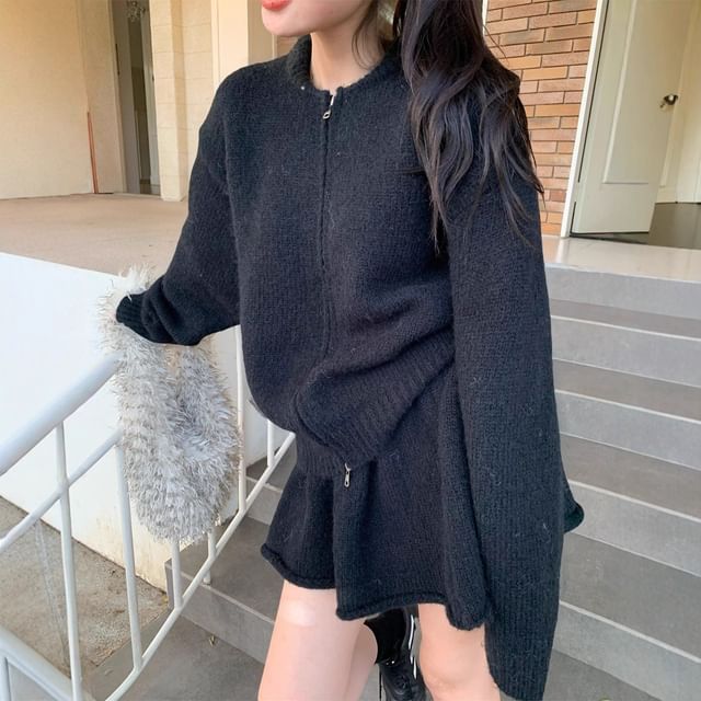 Set: Round Neck Zip Cardigan & High Waist Mini A-Line Skirt
