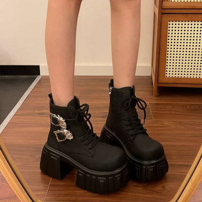 Faux Leather Platform Buckled Strap Short Boots
