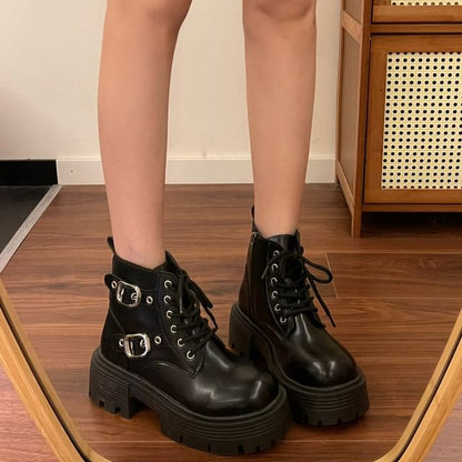 Faux Leather Buckled Strap Platform Short Boots