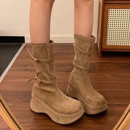 Hidden Wedge Plain Mid Calf Boots