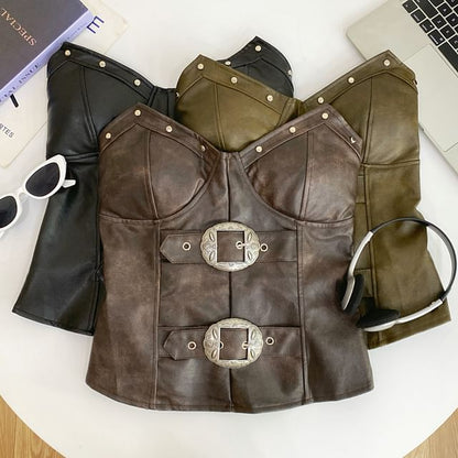 Faux Leather Studded Buckled Tube Top