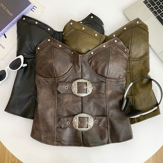 Faux Leather Studded Buckled Tube Top