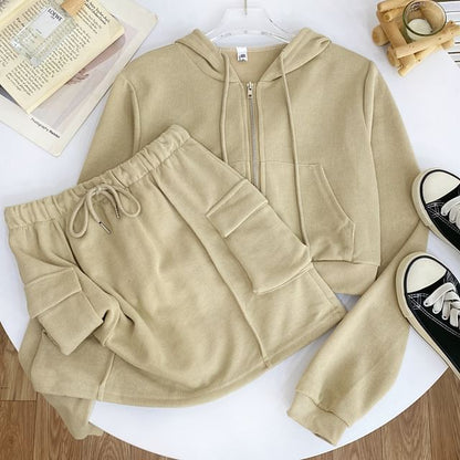 Solid Cropped Zip Hoodie and High-Rise Cargo Mini Skirt Set