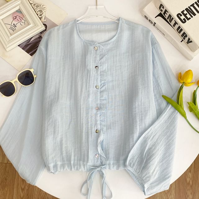 Drawstring Button-Up Blouse with Ruffled Puff Sleeves
