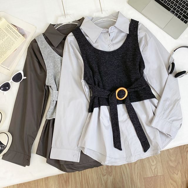 Long-Sleeve Solid Button-Up Shirt and Buckled Tank Top Set
