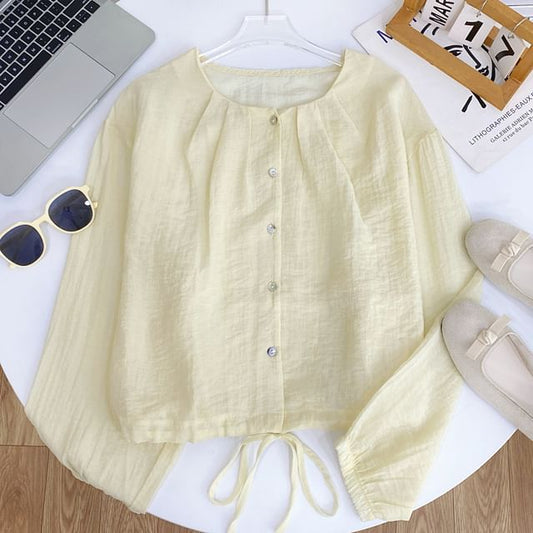 Drawstring Button-Up Blouse with Puff Sleeves