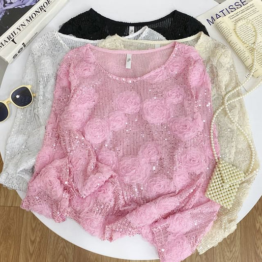 Crew-Neck Sequined Long-Sleeve Blouse