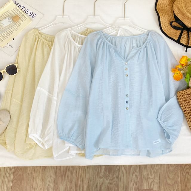 V-Neck Button-Up Blouse with Puff Sleeves