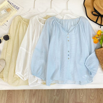 V-Neck Button-Up Blouse with Puff Sleeves