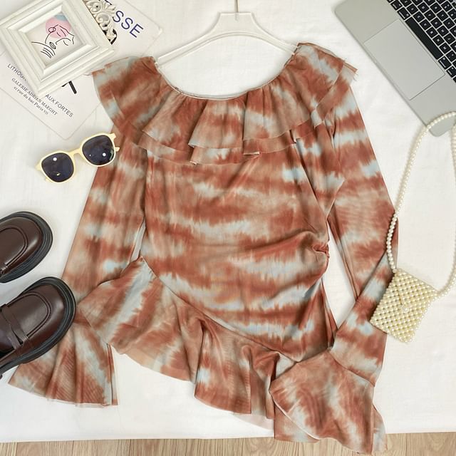 Tie-Dye Ruffled Mesh Top with Flared Cuffs
