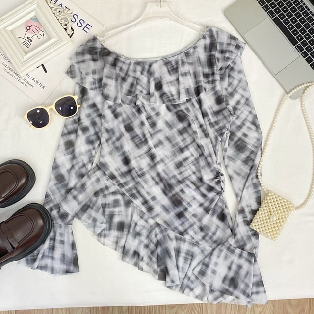 Tie-Dye Ruffled Mesh Top with Flared Cuffs
