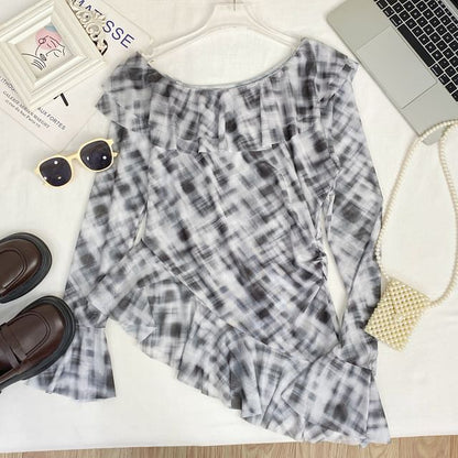 Tie-Dye Ruffled Mesh Top with Flared Cuffs