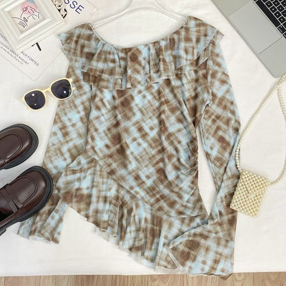 Tie-Dye Ruffled Mesh Top with Flared Cuffs