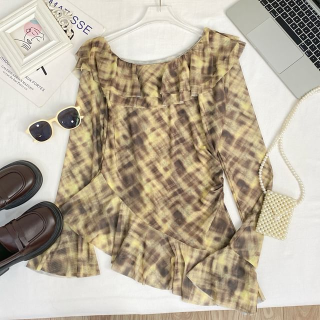 Tie-Dye Ruffled Mesh Top with Flared Cuffs