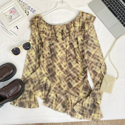Tie-Dye Ruffled Mesh Top with Flared Cuffs
