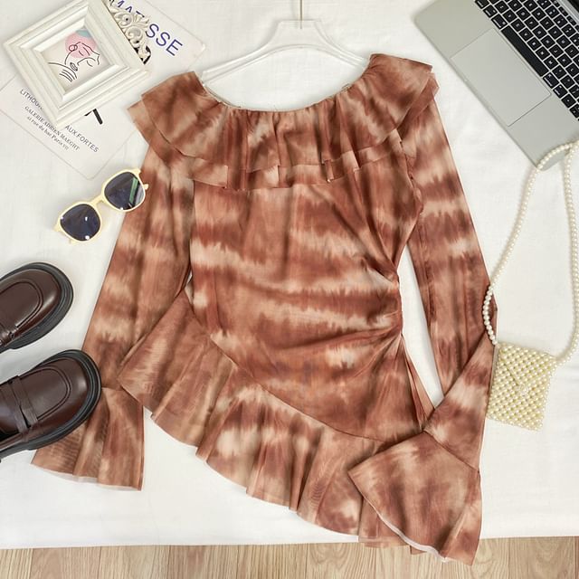 Tie-Dye Ruffled Mesh Top with Flared Cuffs